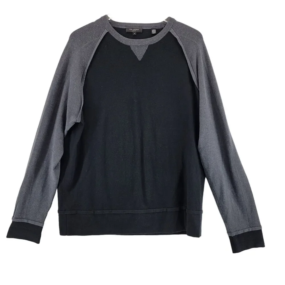 Ted Baker London Mens Sweater‎ Size 4 Large Black Gray Colorblock Silk Wool